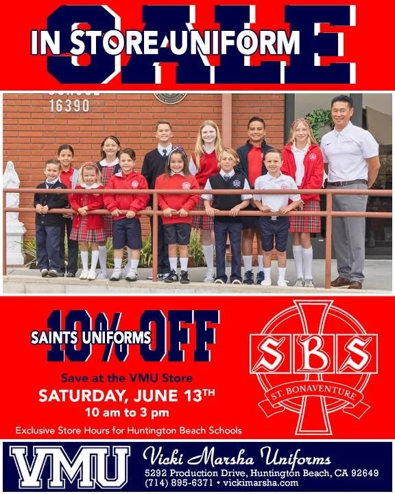 Vicki Marsha Uniforms early bird sale starts Saturday! This is a great chance for families to save and get a head start on uniform shopping for next year! ❤️🤍😇 #SBSSaints #itsagreatdaytobeasaint