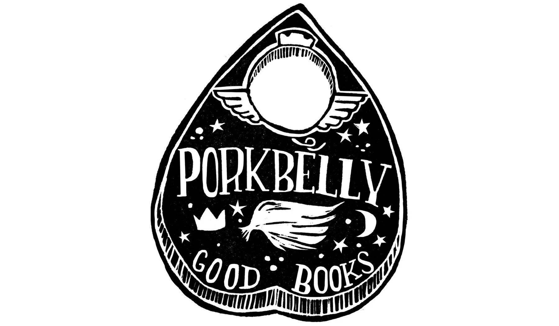 Porkbelly Good Books logo with a winged round object, stars, crescent moon, and shooting star design.