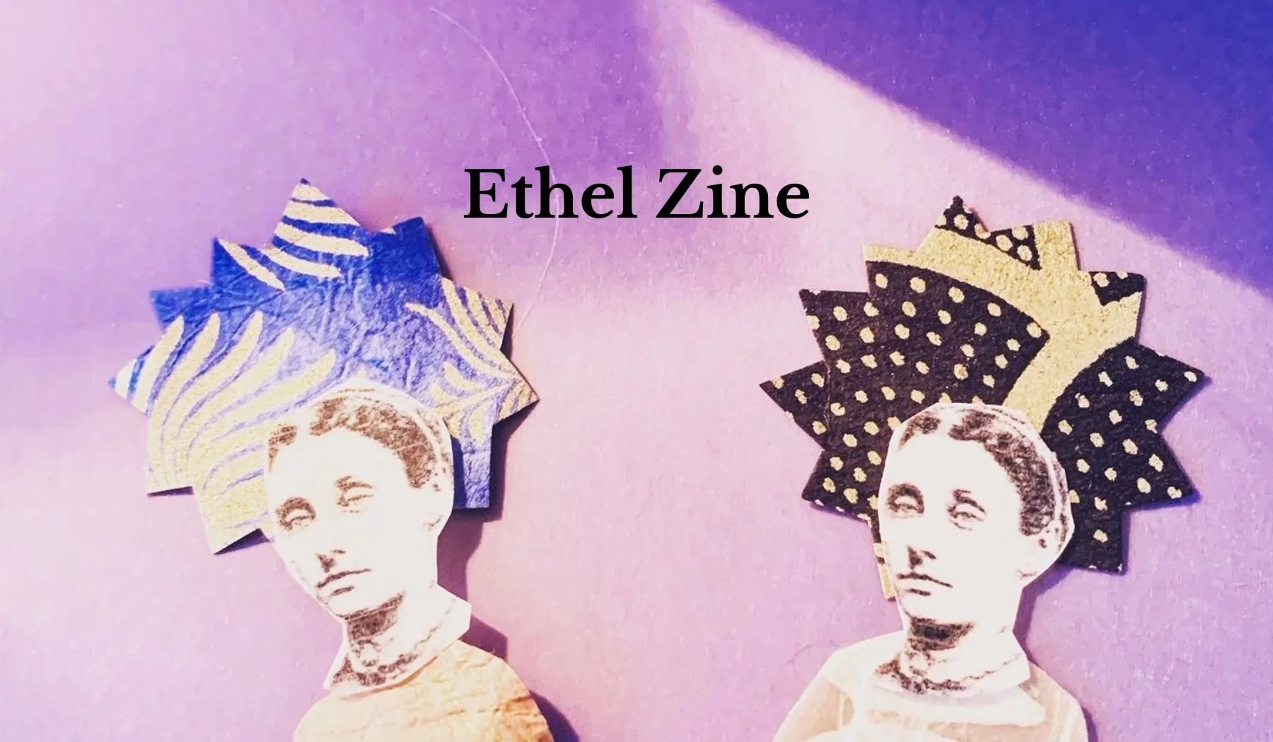 Two cut-out images of women with two many-pointed stars against a purple background.