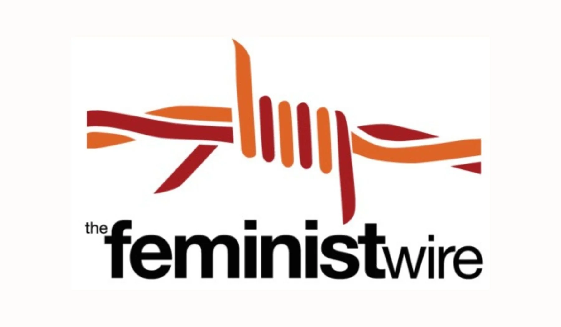 Logo featuring a stylized barbed wire graphic in red and orange with the text "the feminist wire" underneath in black letters.