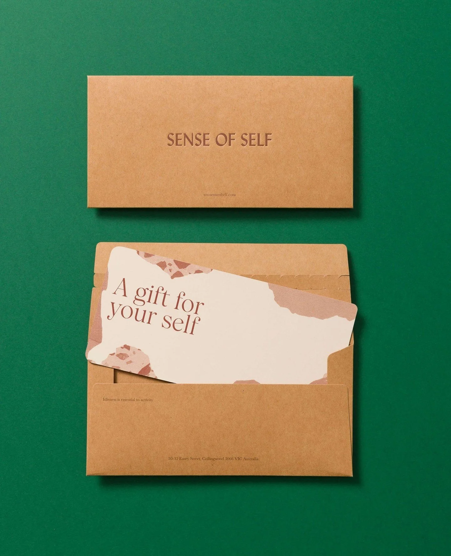 PSA 📢 Sense of Self Sydney opening this week.⁠
⁠
Envelopes and Gift Vouchers for @sos.senseofself.⁠
Brown Kraft with deboss.⁠

Photos:⁠ @foliolio 
Original design / branding by @annieportelli