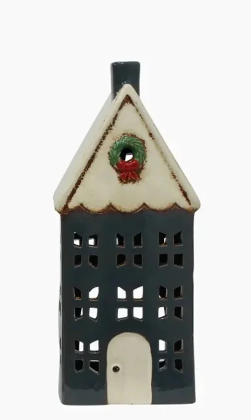 Blue House w/Wreath (Lge) - YA0082 Ceramic Tea Light House