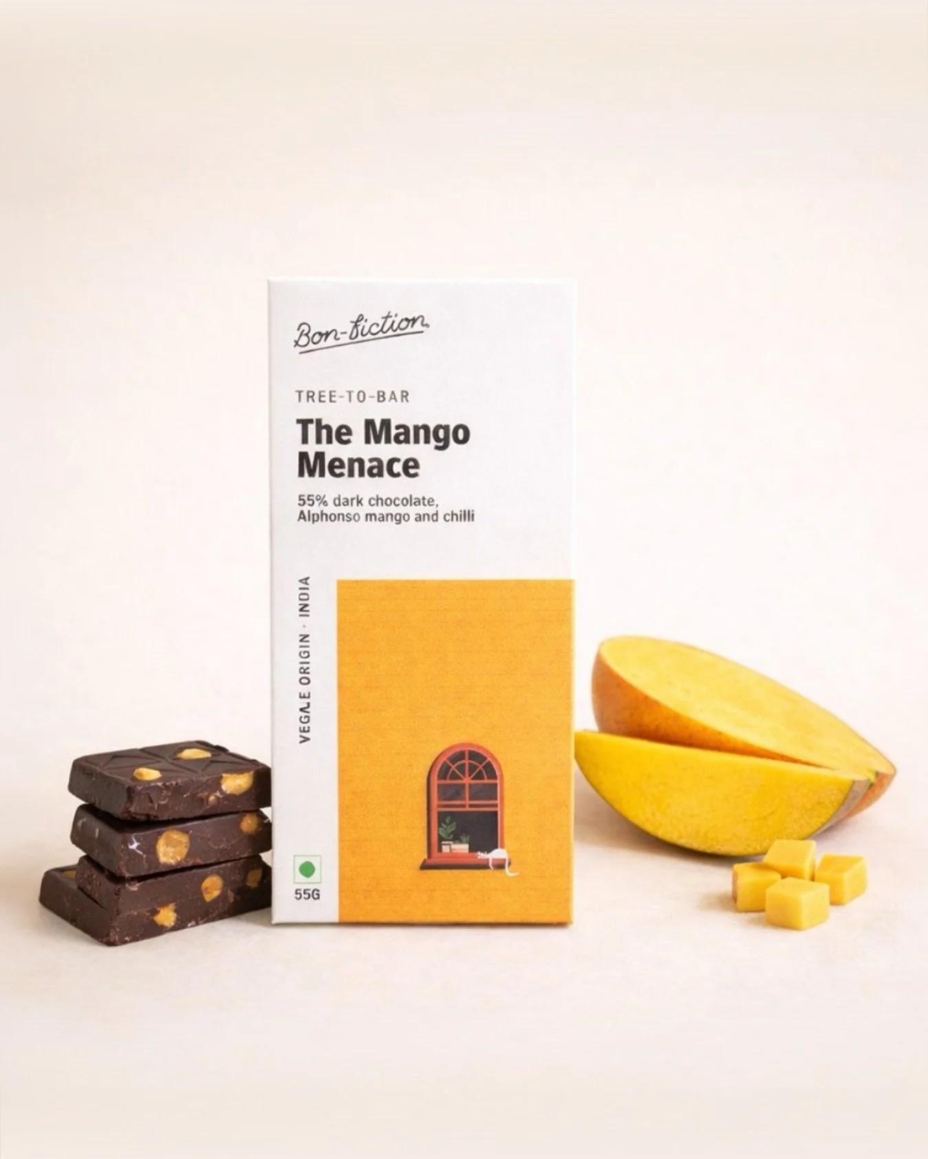 Sweet, bold, and finished with a little heat.​

55% dark chocolate layered with Alphonso mango and a touch of Mundu chilli for a flavour pairing that&rsquo;s fruity, rich, and unexpectedly addictive. Smooth cocoa meets a gentle kick in every bite.​

