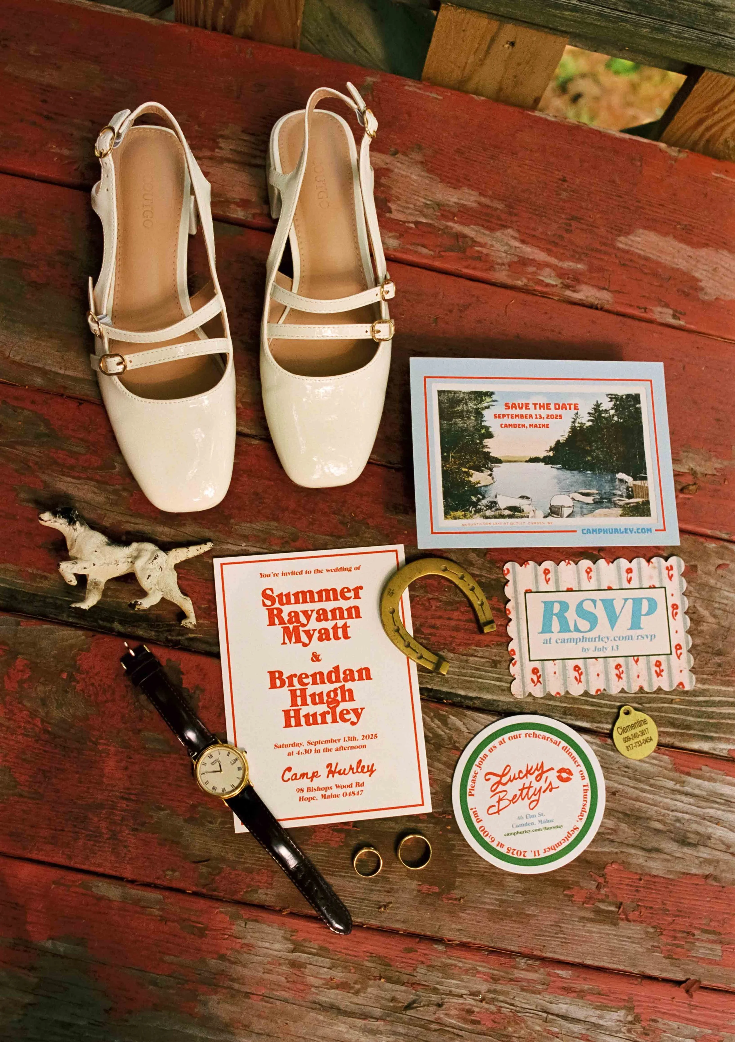 Wedding detail flatlay at a camp in Maine