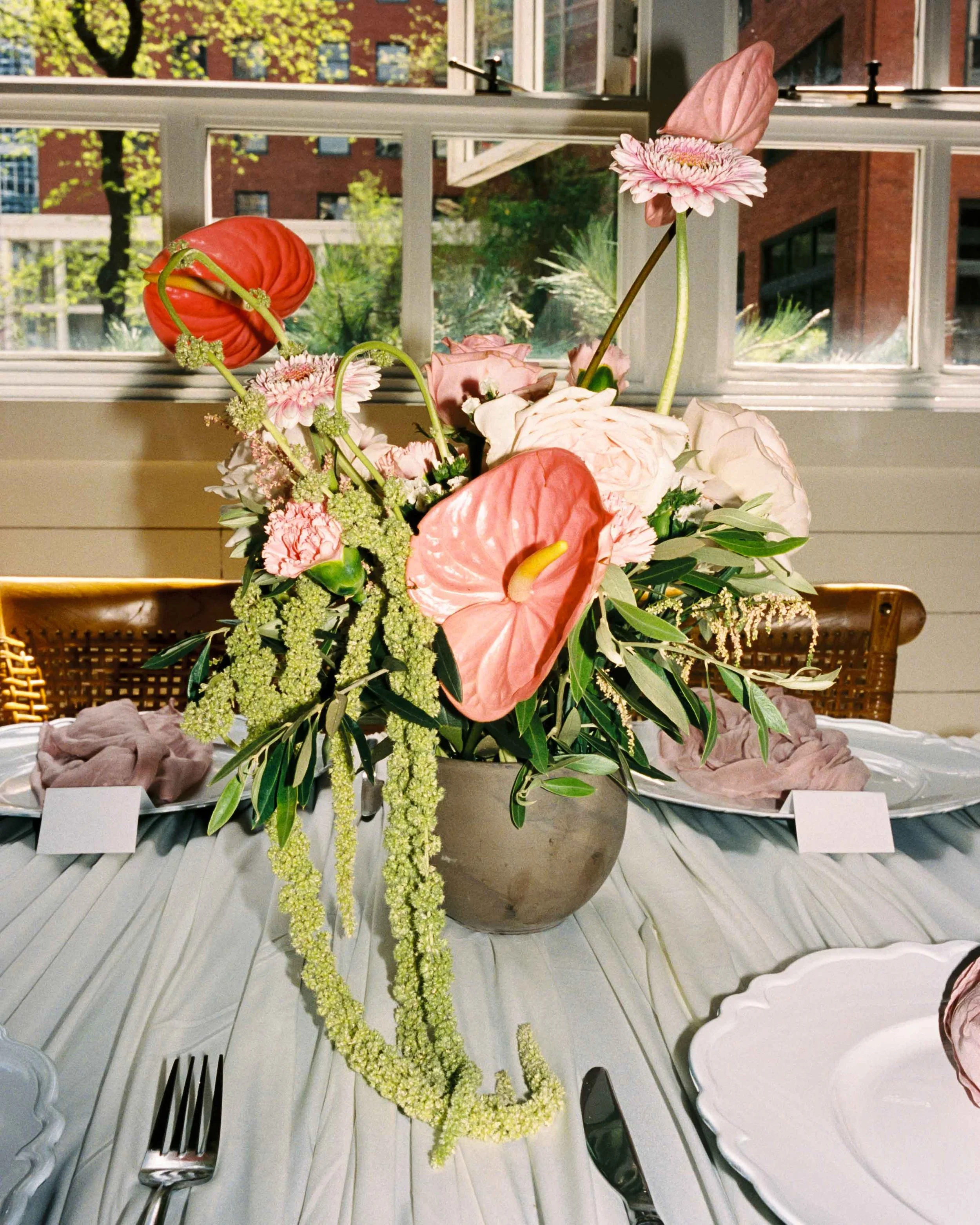 Pink and green wedding table center piece