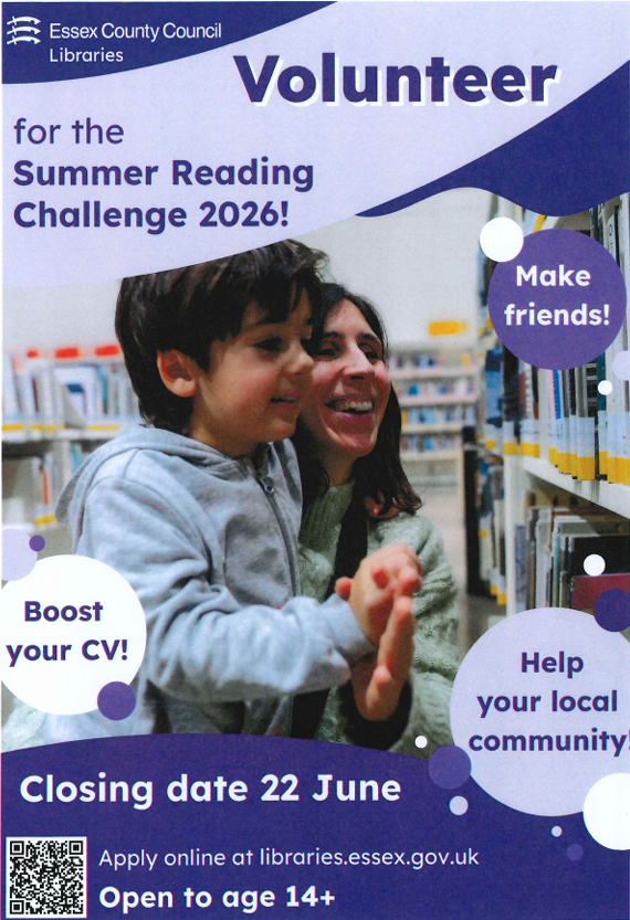 Flyer for Essex County Council Libraries' Summer Reading Challenge 2026, encouraging volunteering to make friends, boost CVs, and help the community, with a photo of a woman and a young boy in a library.