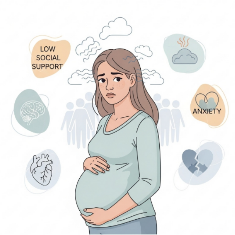ADHD pregnant woman surrounded by symbols that represent challenges during pregnancy