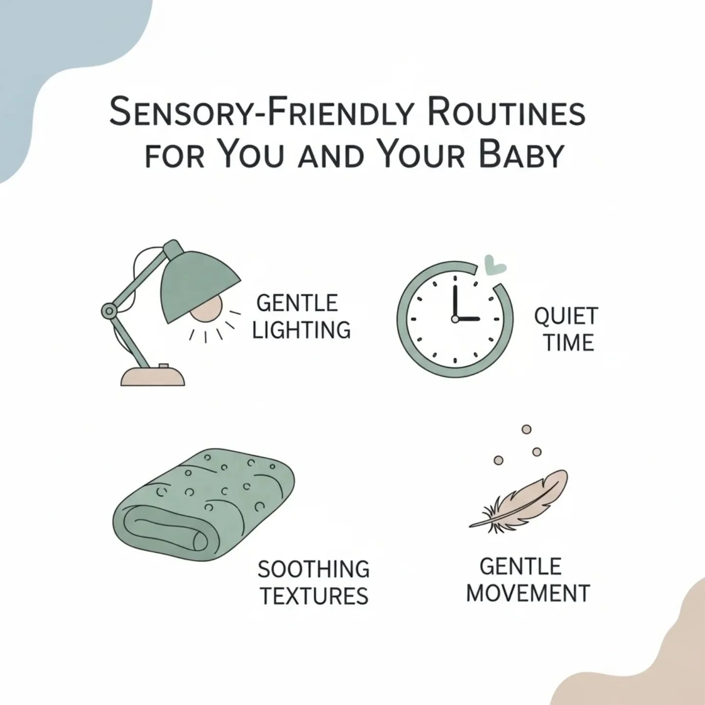 Creating sensory-friendly routines can help both you and your baby feel more at ease.
Consider gentle lighting, quiet moments, soft textures, and soothing movement throughout your day.
Every family is unique&mdash;find what feels nurturing for you.
I