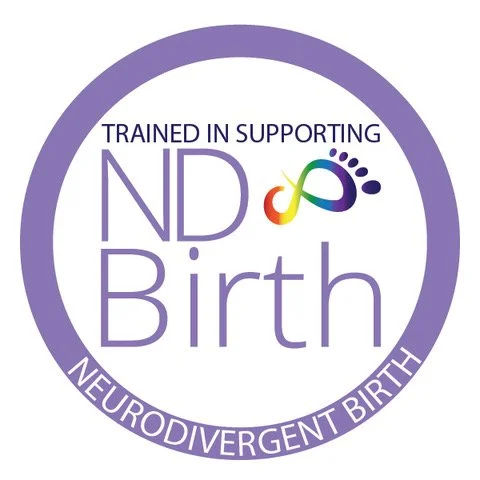 Circular logo with the text "Trained in Supporting Neurodivergent Birth" inside. "ND Birth" is prominently featured with a rainbow infinity symbol and a footprint next to it, all encircled by a purple ring.