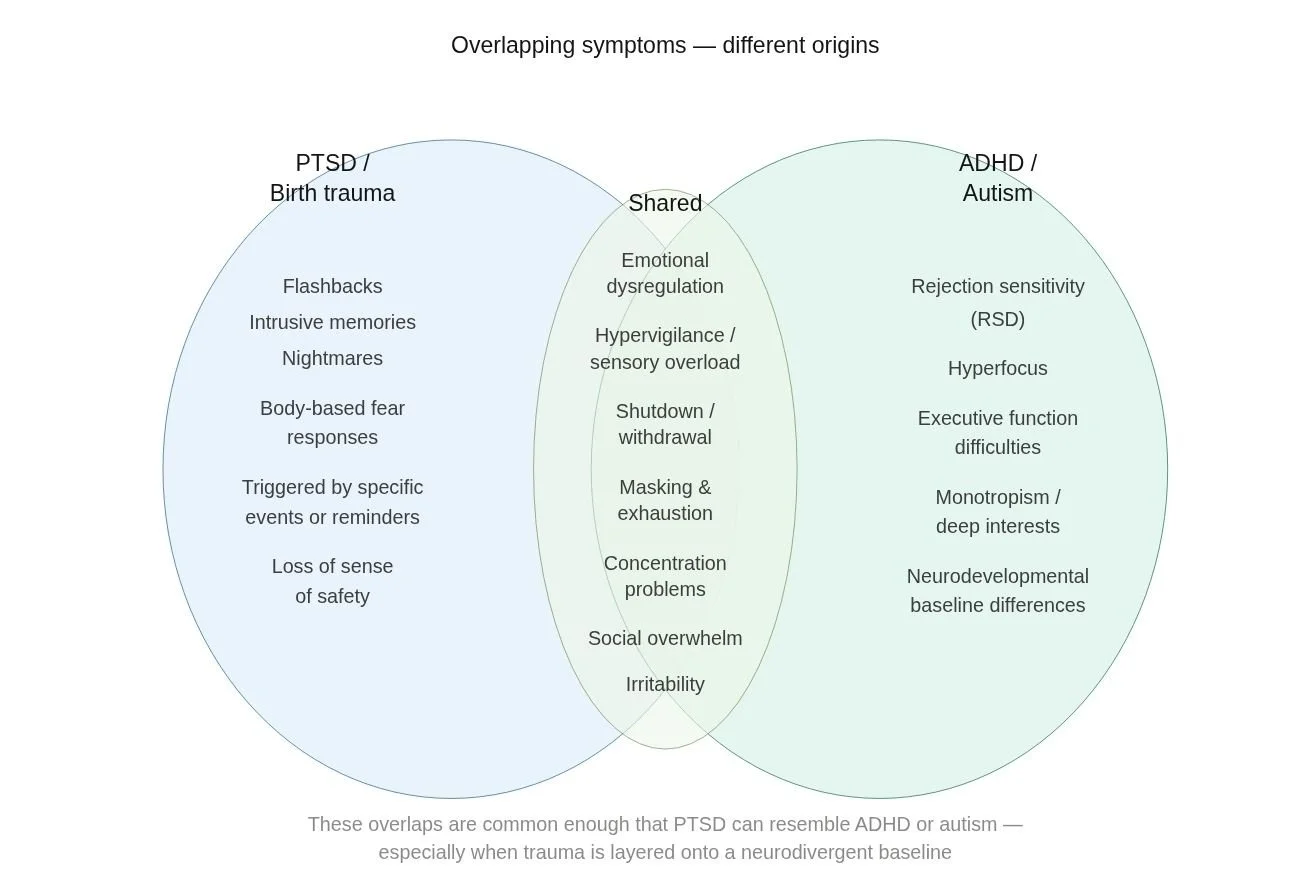 Diagram showing the symptoms overlap, PTSD, ADHD/ASD
