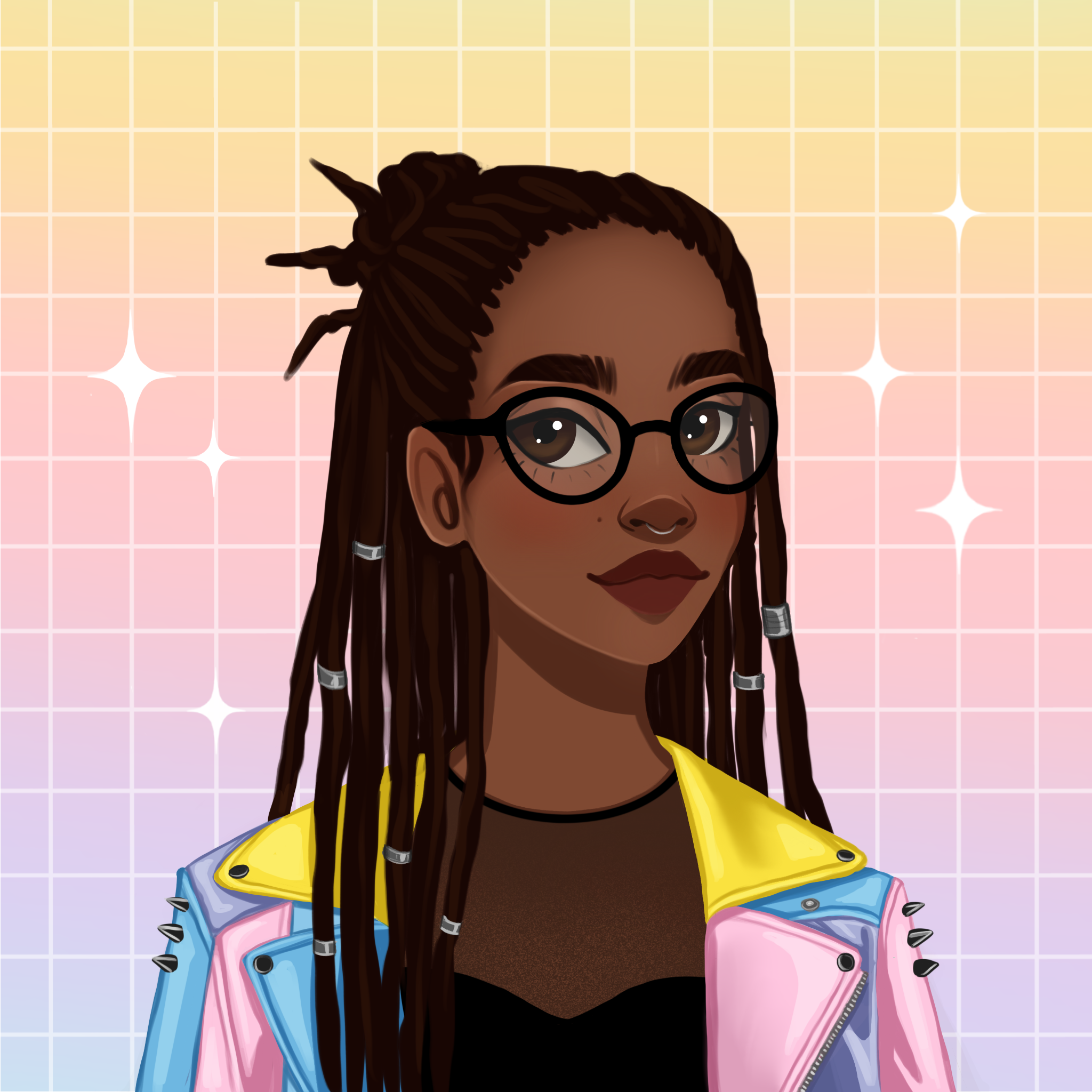 Digital illustration of a woman with dreadlocks, wearing glasses and a colorful jacket, set against a pastel-colored, grid background with starbursts.