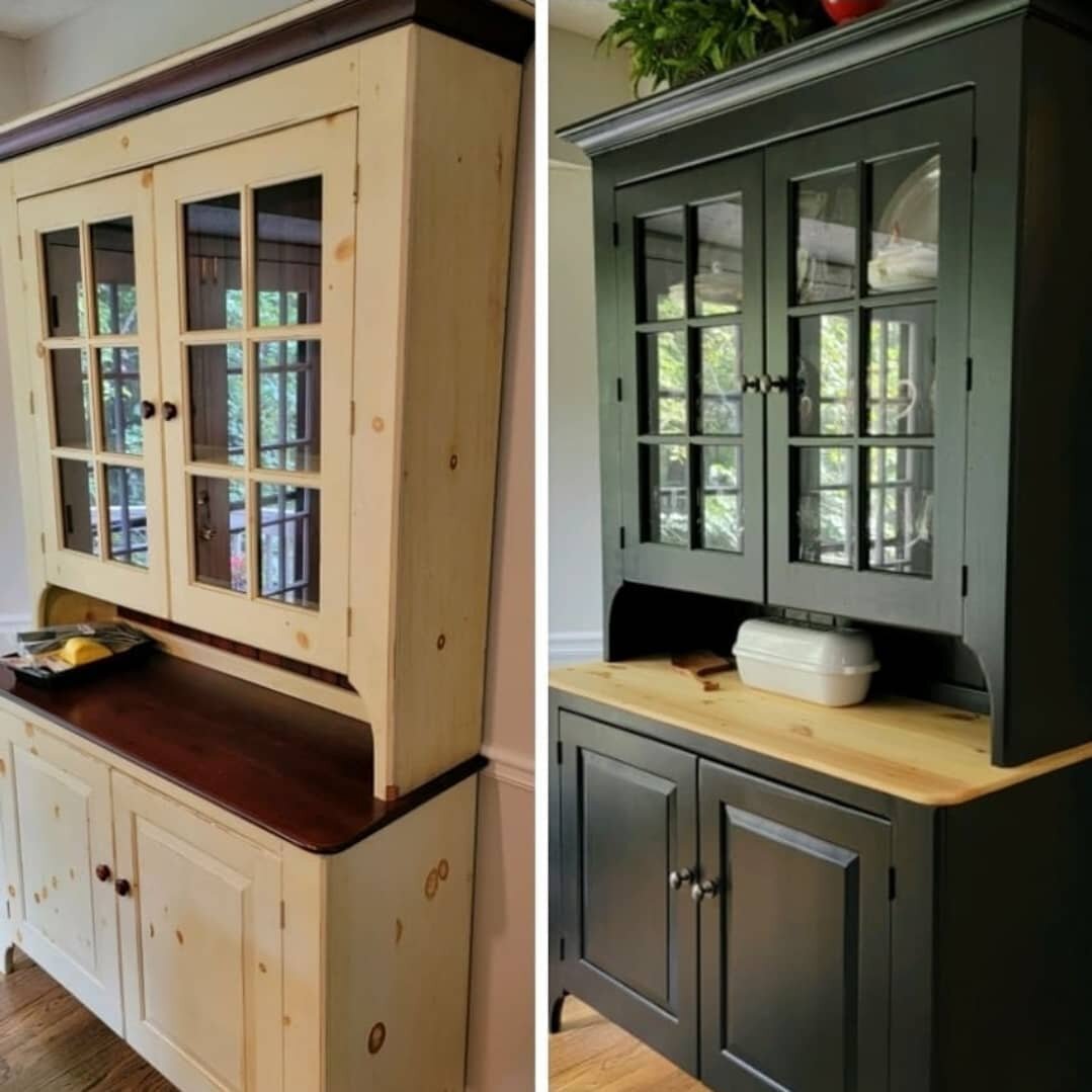 I finished my hutch restoration project just in time for New Year. I'm loving the updated look and the contrast between the black paint and the natural wooden top. To paint the hutch we abraded the old finish with a @gatorfinishing Sanding Block usin