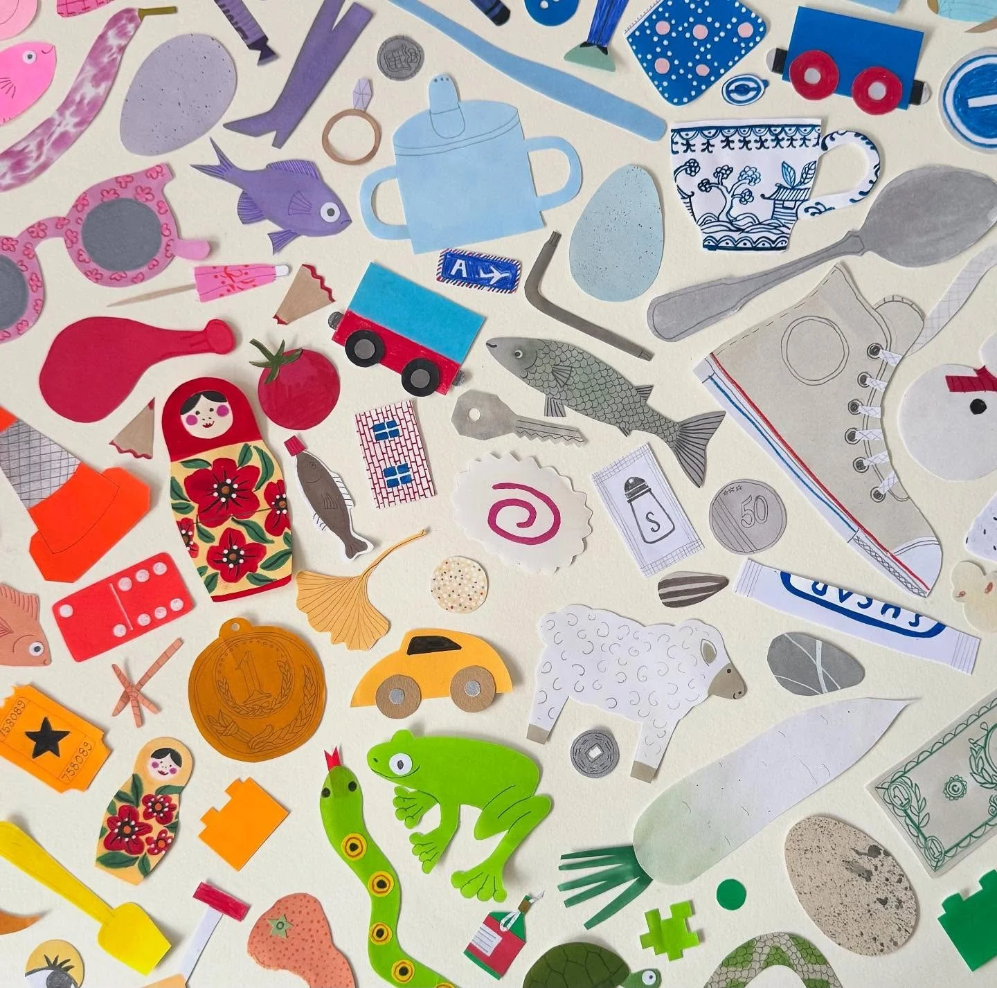 I spent today laying out all my favourite things (from Colours of Things) in a big collage to show at the end of the month at a very special little shop..!