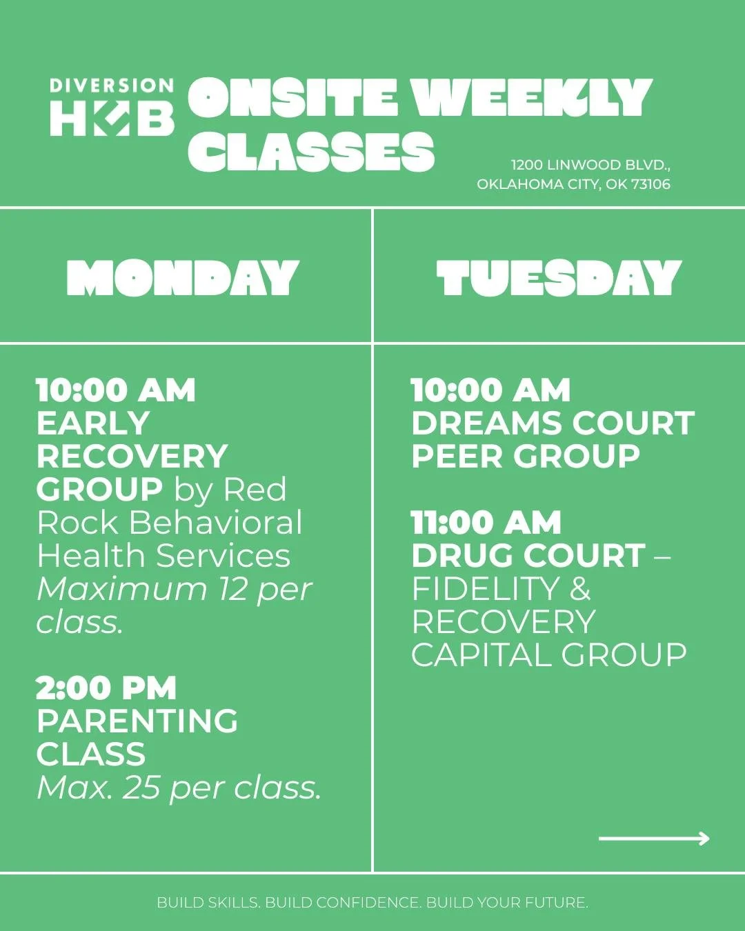 Our OKC headquarters hosts numerous classes that support recovery and positive behavioral change as our clients navigate and exit the criminal legal system. Check out our regular weekly class offerings, and ask your case manager or recovery navigator