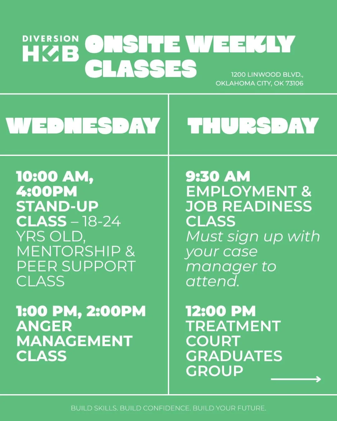 Our OKC headquarters hosts numerous classes that support recovery and positive behavioral change as our clients navigate and exit the criminal legal system. Check out our regular weekly class offerings, and ask your case manager or recovery navigator