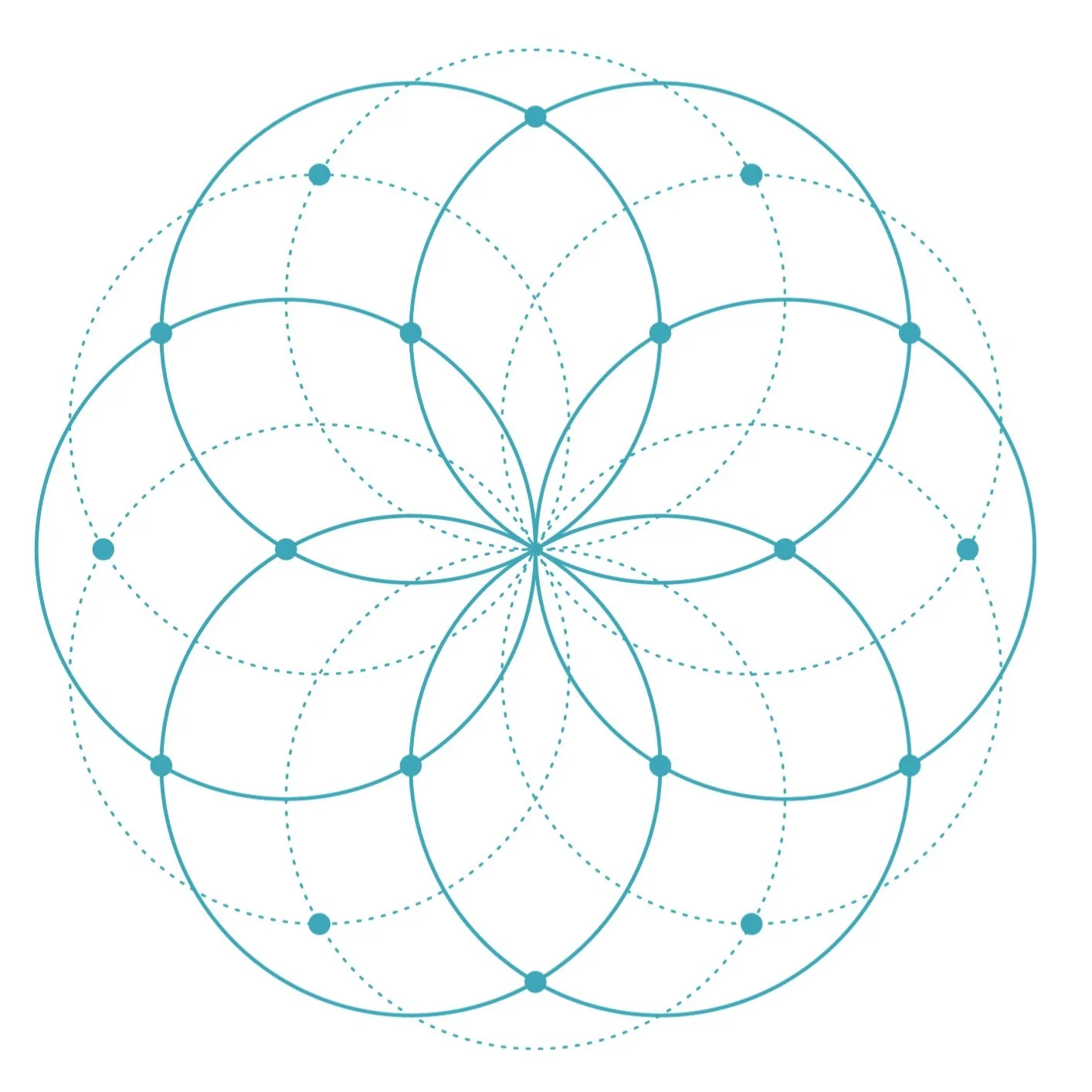 Dibujo geométrico con círculos y líneas formando un patrón de flor en tonos azules.