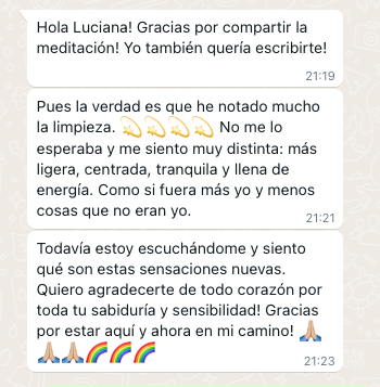 Mensaje de texto en un chat agradeciendo por la meditación y compartiendo sentimientos de tranquilidad y energía positiva.