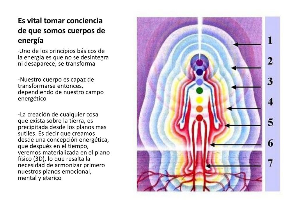 Diagrama de un cuerpo humano con identificación de siete niveles de energía en diferentes colores y un texto en español que habla sobre la conciencia de que somos cuerpos de energía y la importancia de armonizar nuestros planos emocional, mental y etérico.