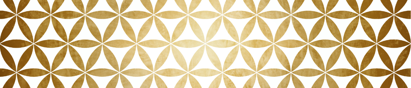 Diseño de patrón geométrico con círculos y rosetas doradas en fondo beige.