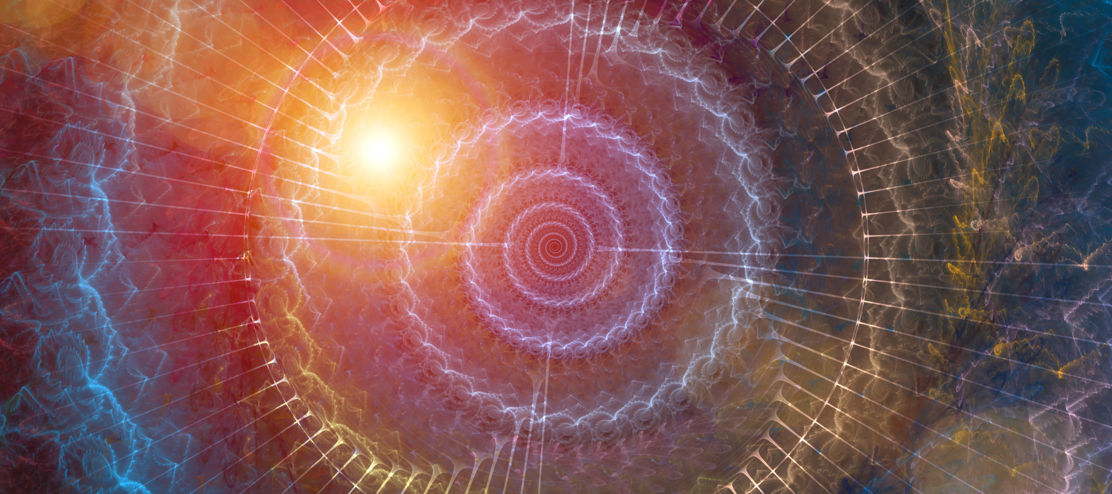 Diseño digital con patrones en espiral de colores cálidos y fríos, con efectos de luz y relámpagos