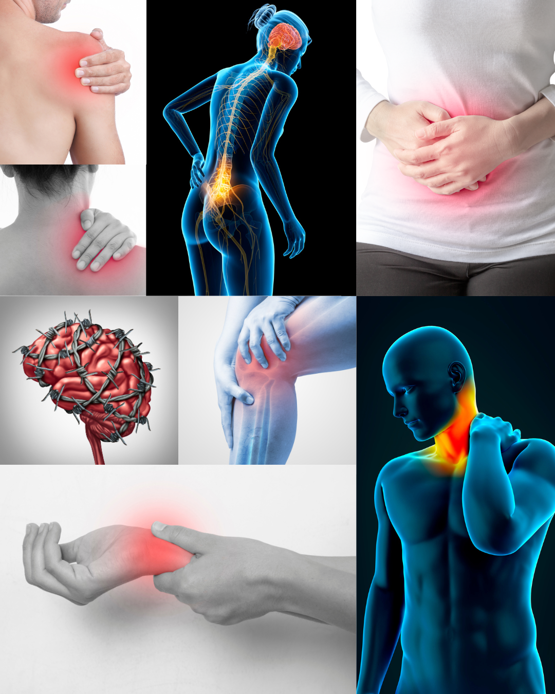 Imágenes que muestran diferentes tipos de dolor y problemas de salud relacionados con las articulaciones, músculos y sistema nervioso, incluyendo dolor en el hombro, en la espalda, en el estómago, en la rodilla y dolor en la cabeza, así como ilustraciones de lesiones y condiciones que causan estos dolores.