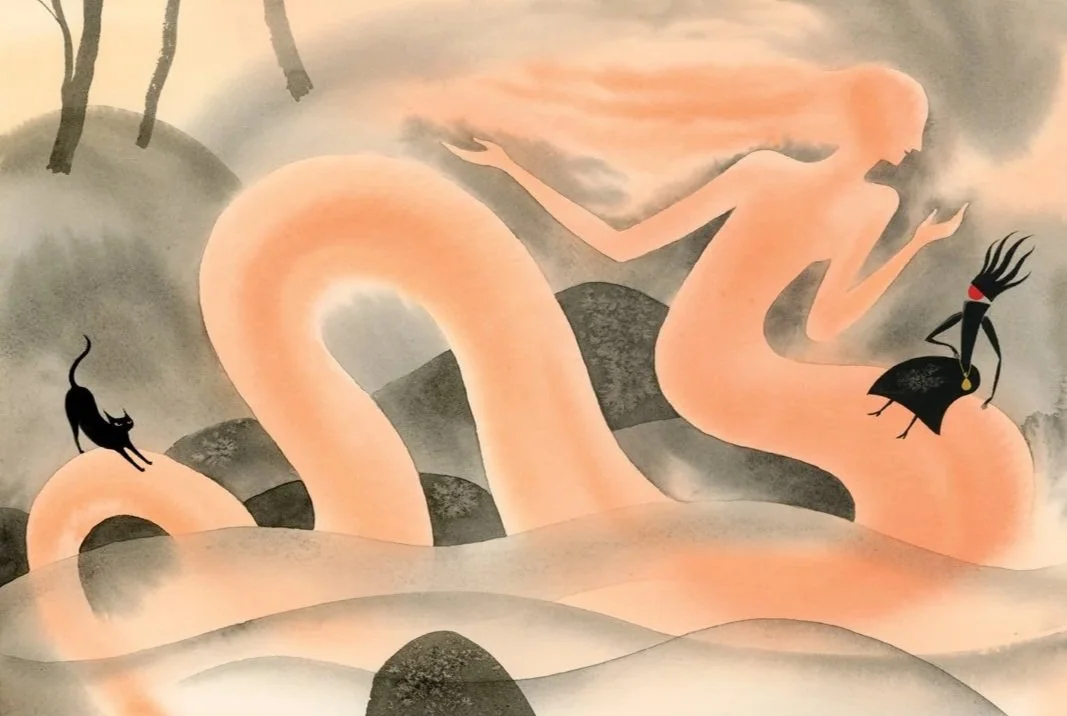 Illustration from the book Dekle in kača, written by Bojana Dimitrovski and published by Mladinska Knjiga publishing house, Slovenia 2025. Watercolor and gouache on paper.