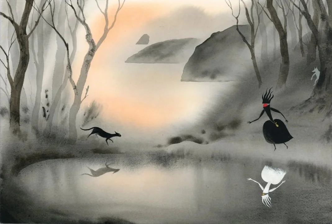 Illustration from the book Dekle in kača, written by Bojana Dimitrovski and published by Mladinska Knjiga publishing house, Slovenia 2025. Watercolor and gouache on paper.