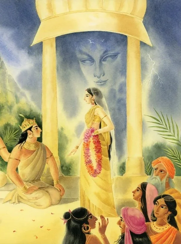 Illustration from the book Pesnitev o Nalu in Damajanti, translated from Mahabharata by Luka Repanšek and published by Sanje publishing house, Slovenia 2025. Watercolor on paper.