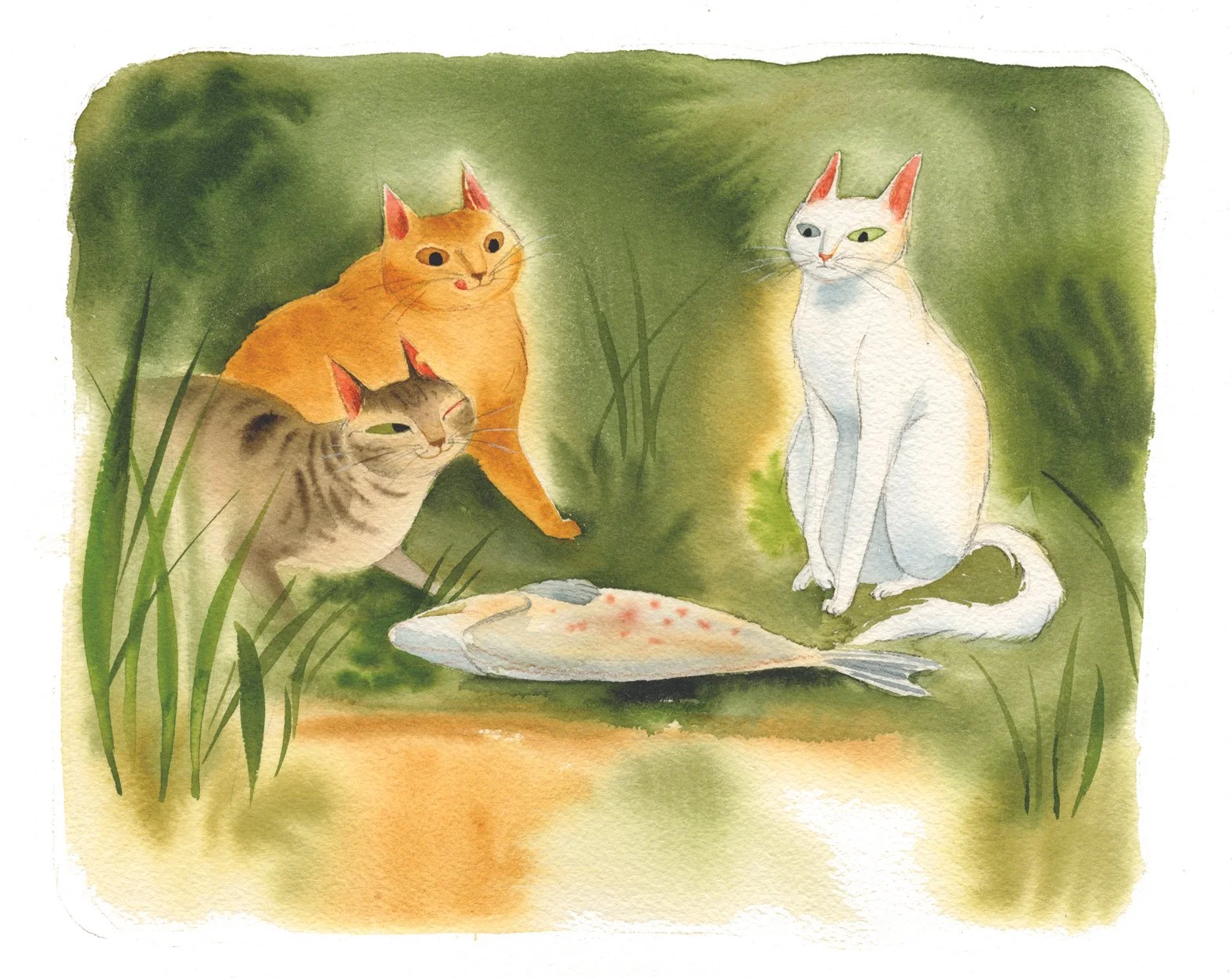 Illustration from Greta the cat book series, written by Vinko Moderndorfer, published by Mladinska knjiga publishing house, Slovenia 2026. Watercolor on paper.