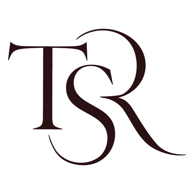 A black background with a large, stylized maroon letter 'T' and a decorative 'R' intertwined.