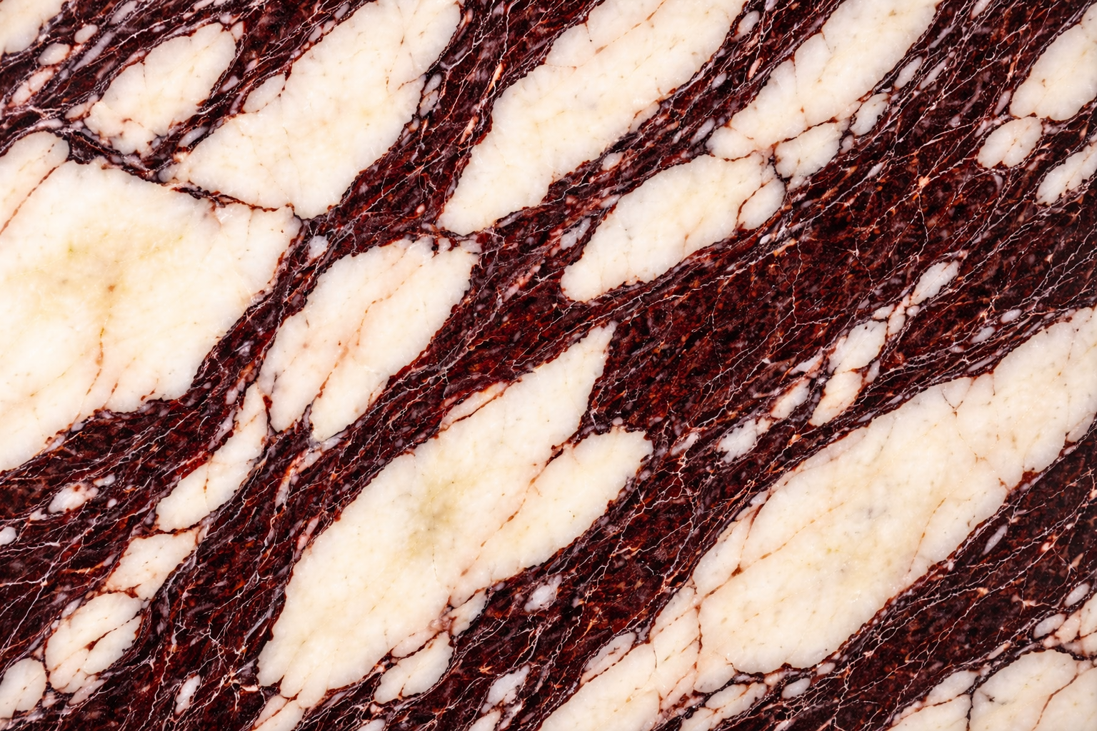 Close-up of a coarse, striped white and dark reddish-brown marble surface.