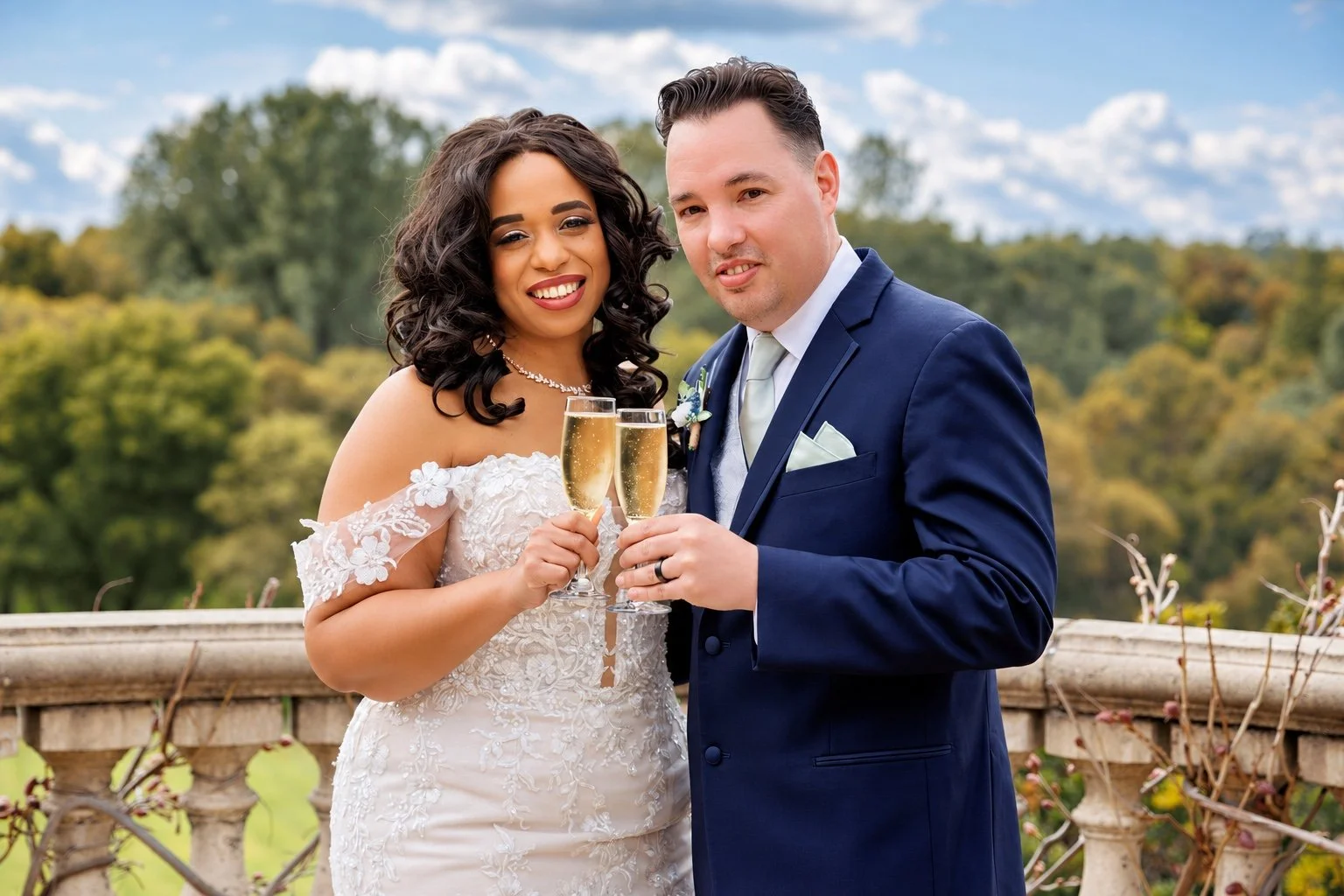 Bride and groom holding champagne flutes beside a stone balustrade, with trees and a blue sky behind them.