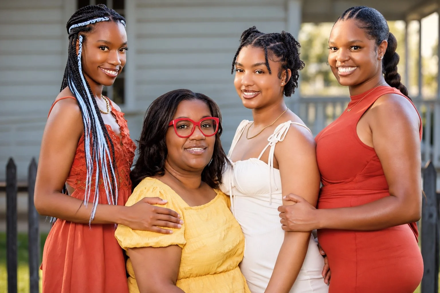 Four women smiling together outdoors in red, yellow, and white outfits, with a porch behind them.