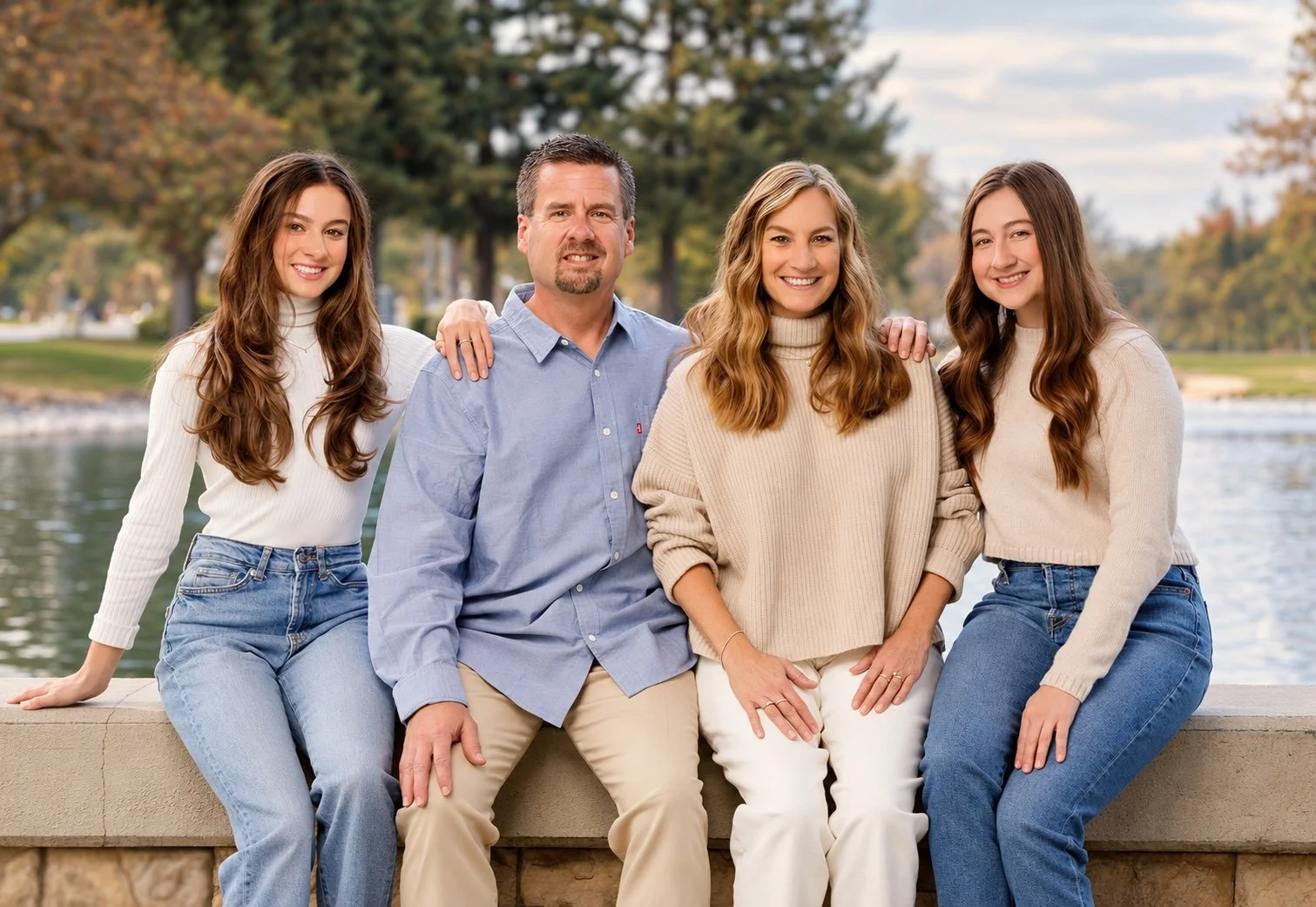 Family of four seated together on a stone wall beside a lake, smiling with trees in the background.