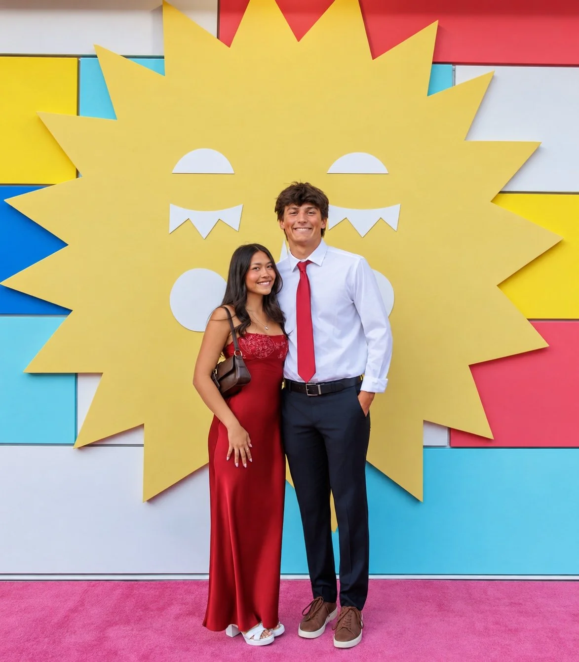 Couple in coordinated red and white formal attire smiling in front of a colorful wall with a large yellow sun.