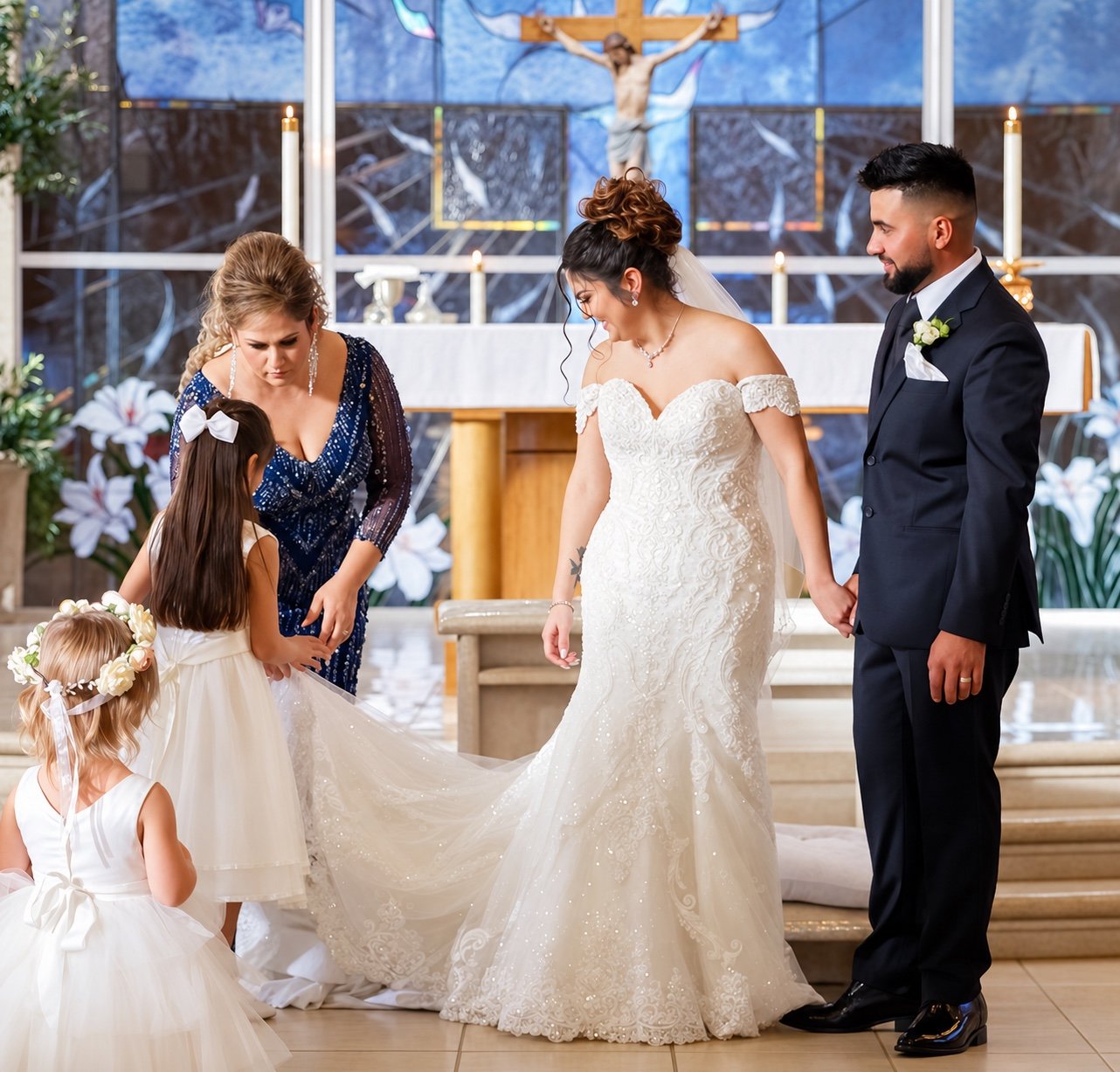 Bride and groom holding hands at a church altar while a woman and two flower girls arrange the wedding dress train.