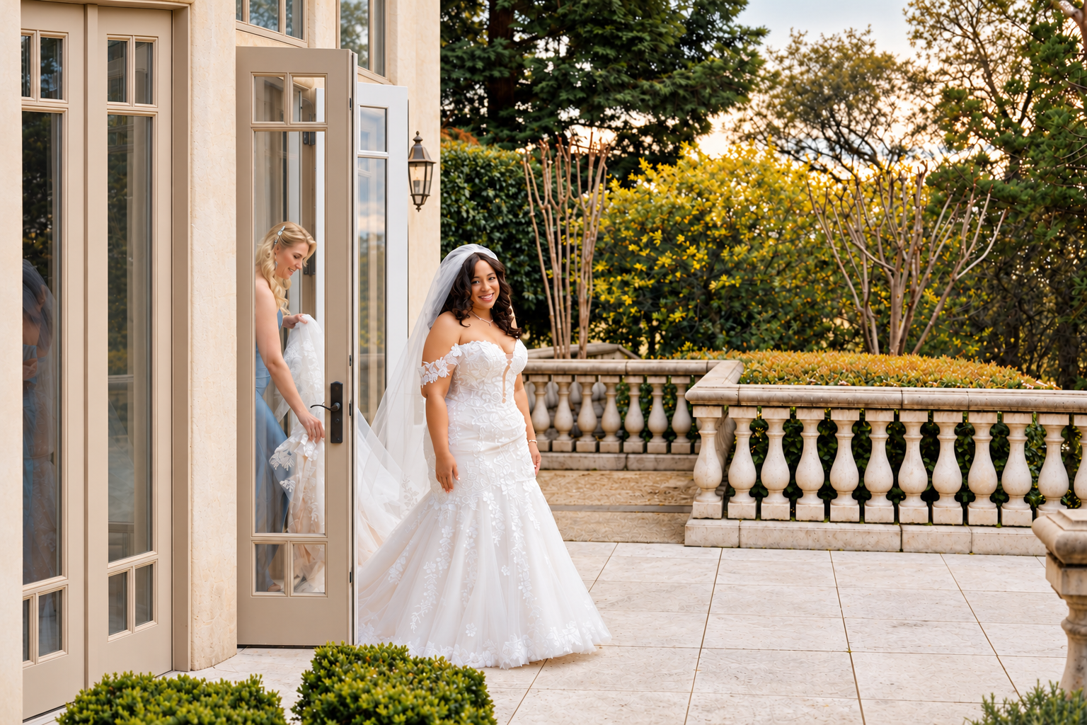 Bride in a white lace wedding dress stepping onto a garden terrace, with a bridesmaid behind her.