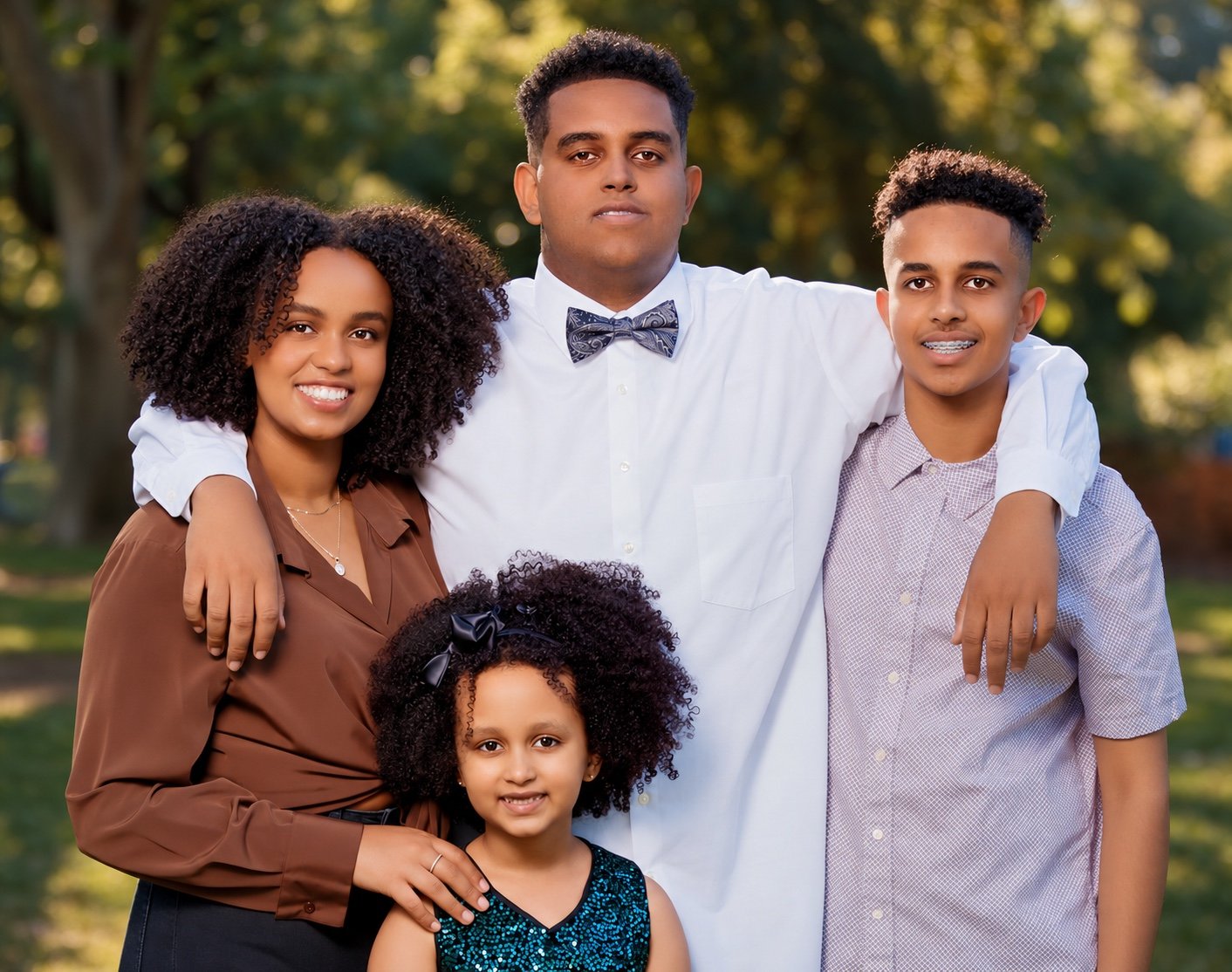 Family of four posing closely together outdoors, with a young girl in a teal dress and sunlit trees behind them.