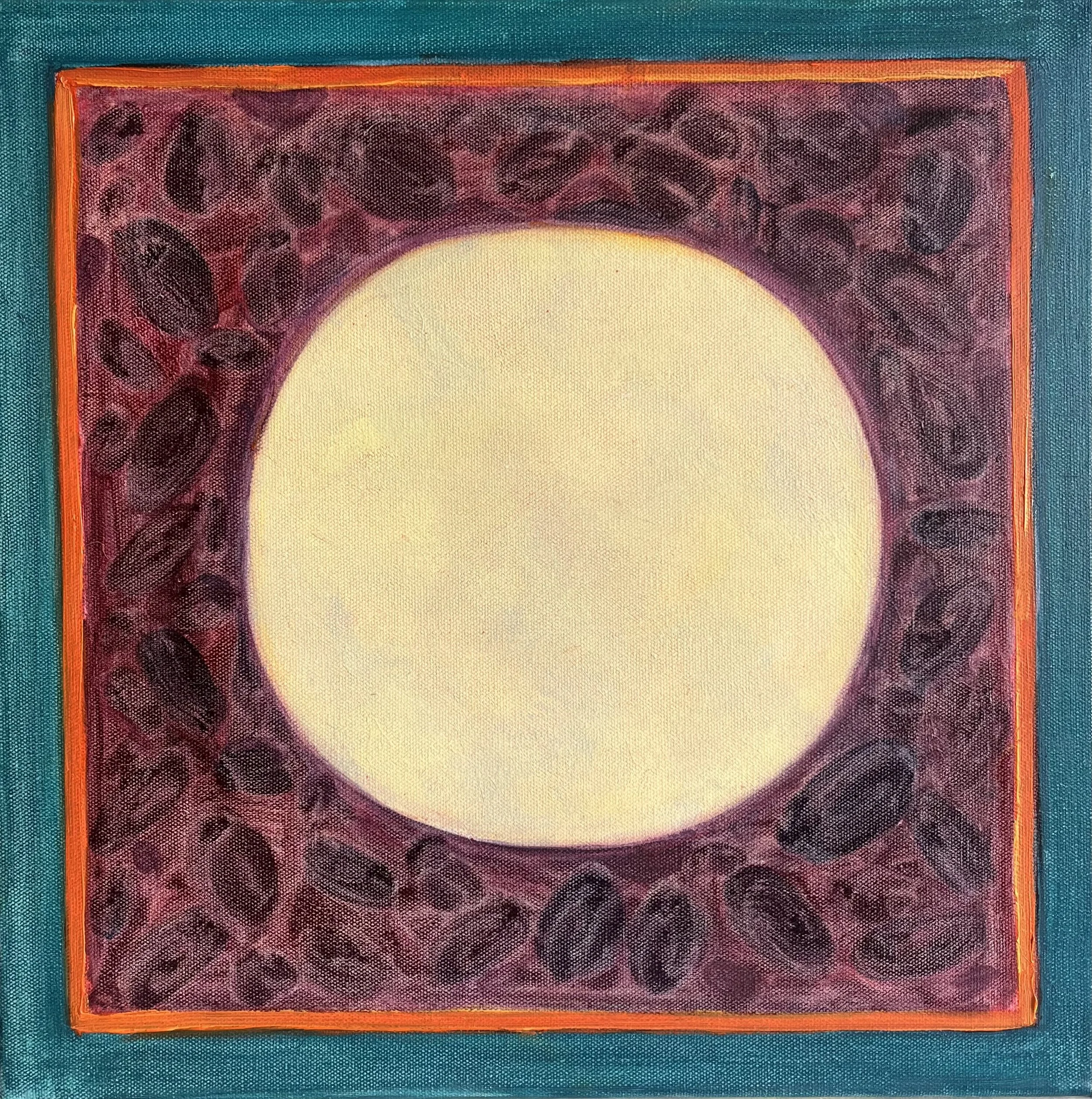 An abstract painting featuring a large cream-colored circle in the center, surrounded by a border of dark purple and black swirl patterns, with a teal background and an orange-red outer border.