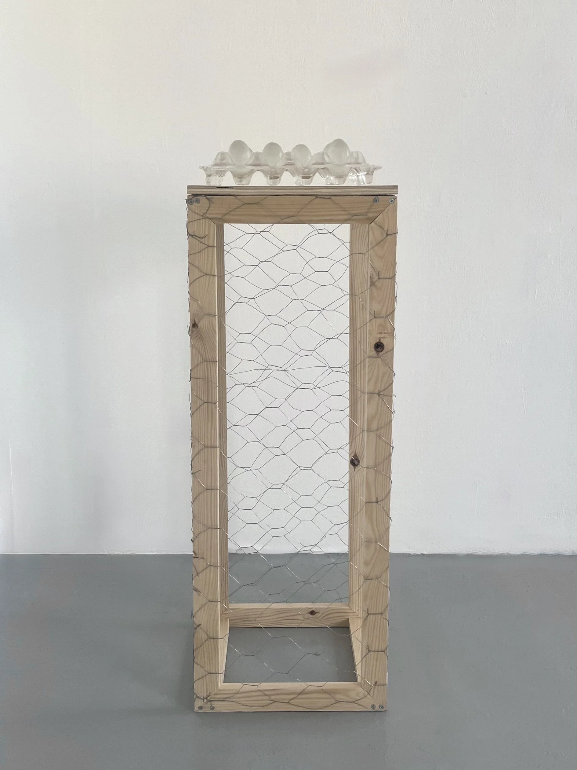 Untitled (Glass Carton with Eggs), 2025–2026
Slumped and cast glass on custom wood and chicken wire cage plinth.
Carton: 8 x 30 x 30 cm. Plinth: 90 x 34 x 34 cm.