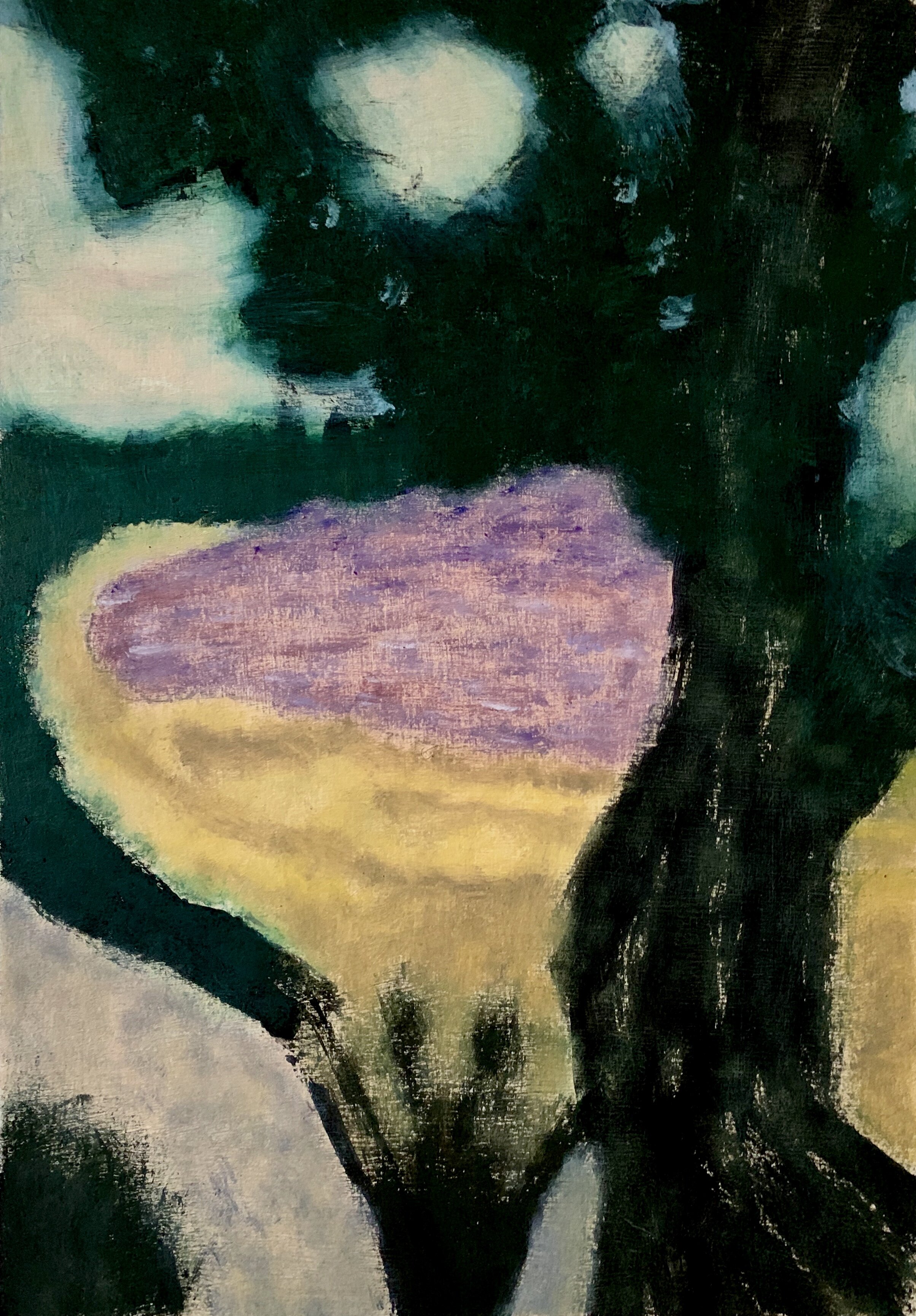 'Wonderland', oil and acrylic on paper. Bright yellow and purple clearing seen through dark green foliage.