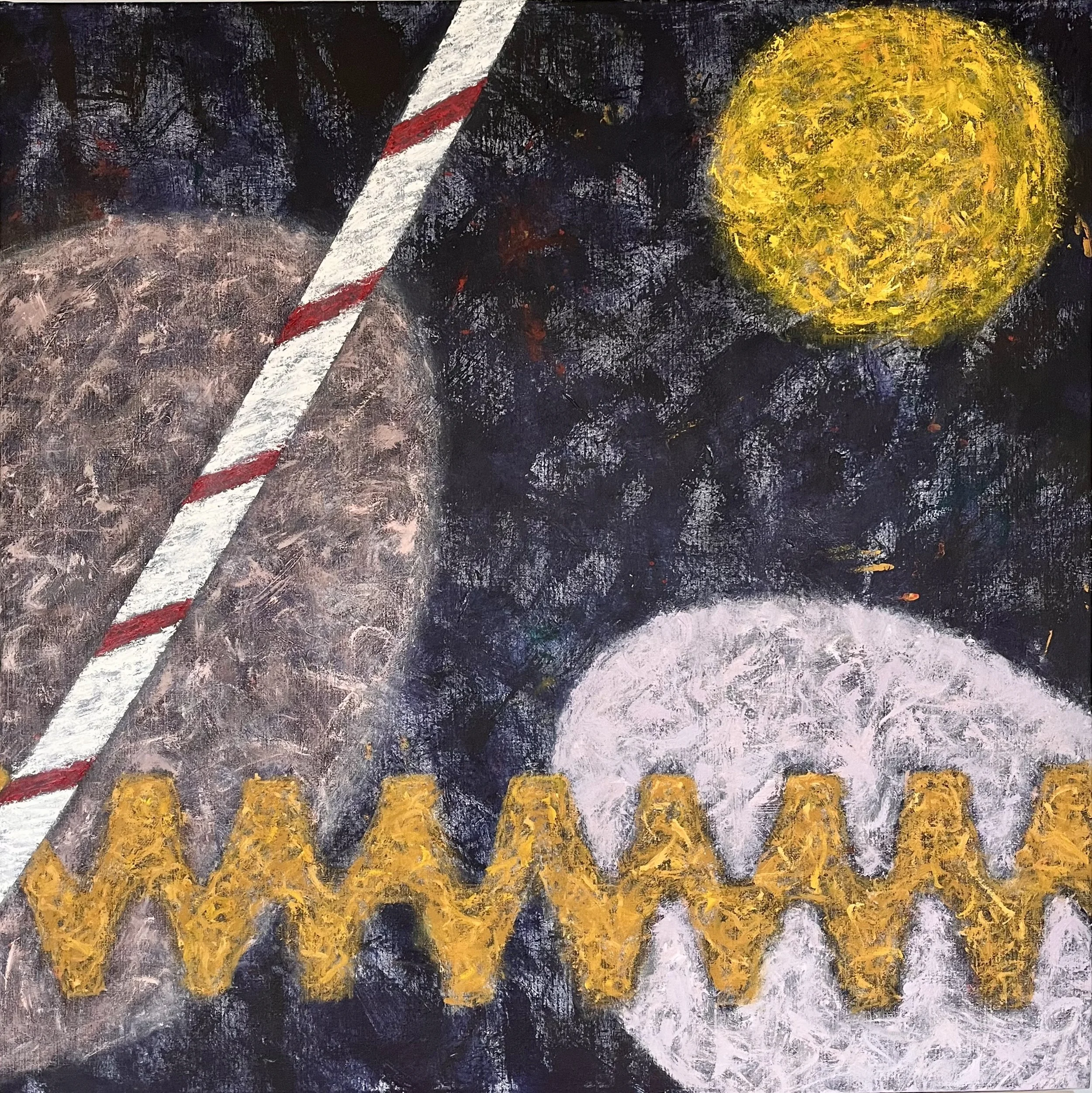 Abstract painting with a large yellow circle in the upper right, a white and red striped stick diagonal across the image, and various textured shapes in dark and light colors.