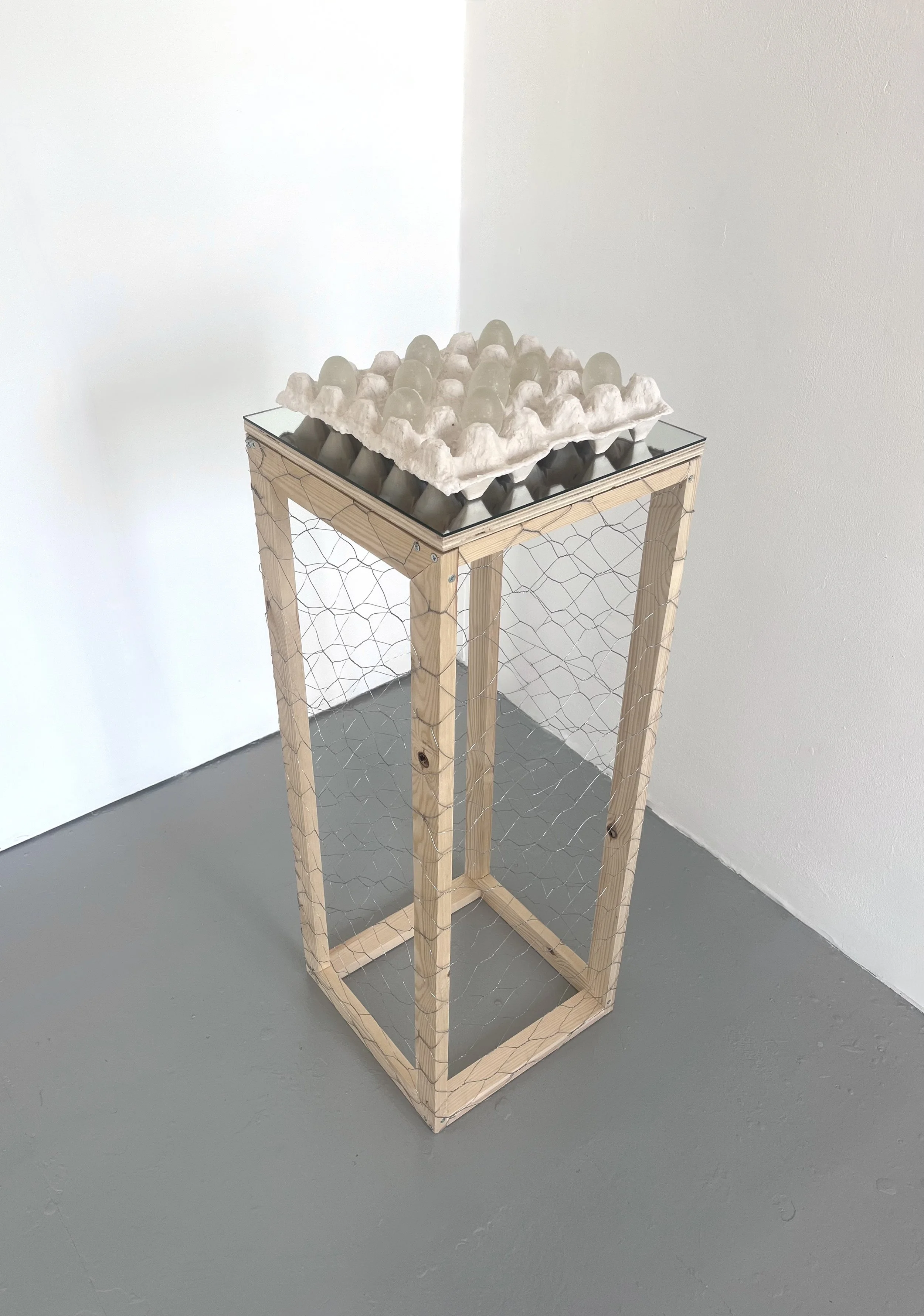 Untitled (Jesmonite Carton with Glass), 2025–2026
Cast Jesmonite, cast glass, mirror, and wire cage.  
Carton: 9 x 30 x 30 cm. Plinth: 90 x 34 x 34 cm.