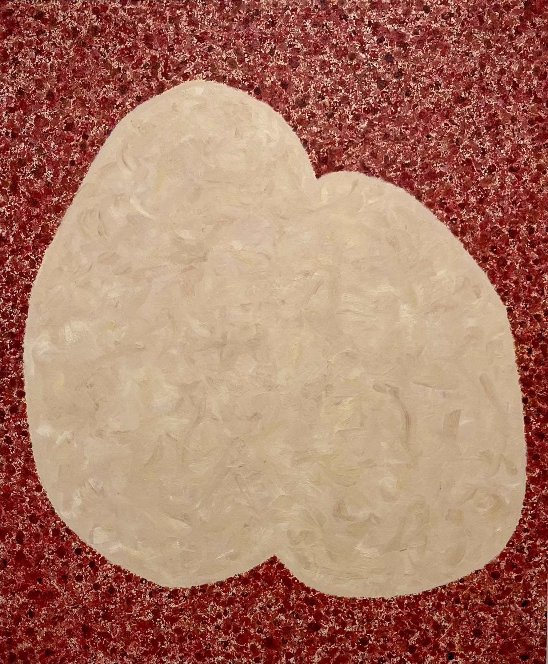 Abstract artwork with a white irregular shape on a red textured background.