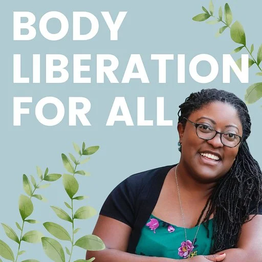 A woman with glasses and dreadlocks smiling, wearing a black top and a floral dress, with the text 'Body Liberation For All' and green leaves in the background.