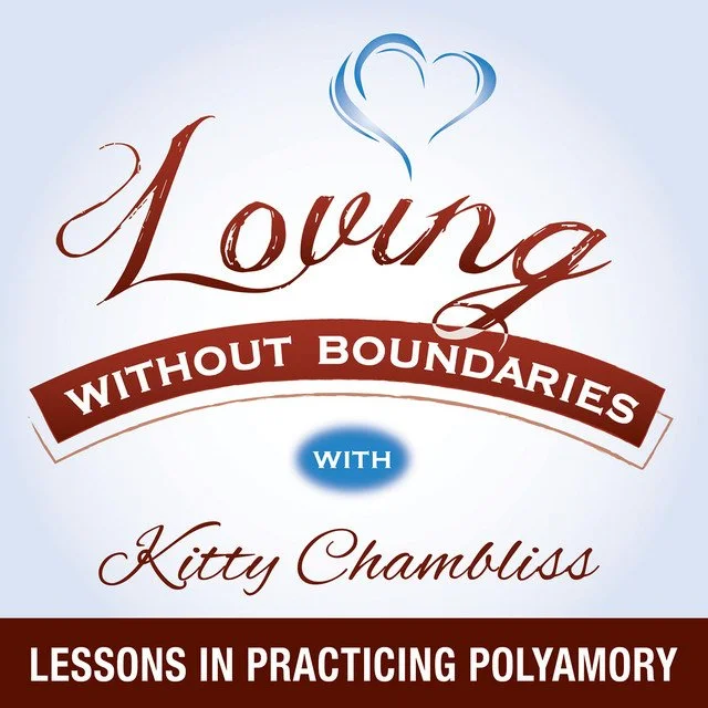 Book cover titled 'Loving Without Boundaries' by Kitty Chambliss, with subtitle 'Lessons in Practicing Polyamory' and a decorative heart design.