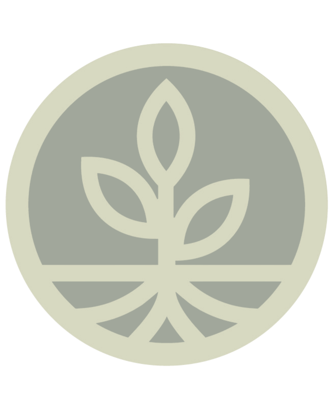 A circular logo with a stylized plant with three leaves in the center, surrounded by a background divided into sections.