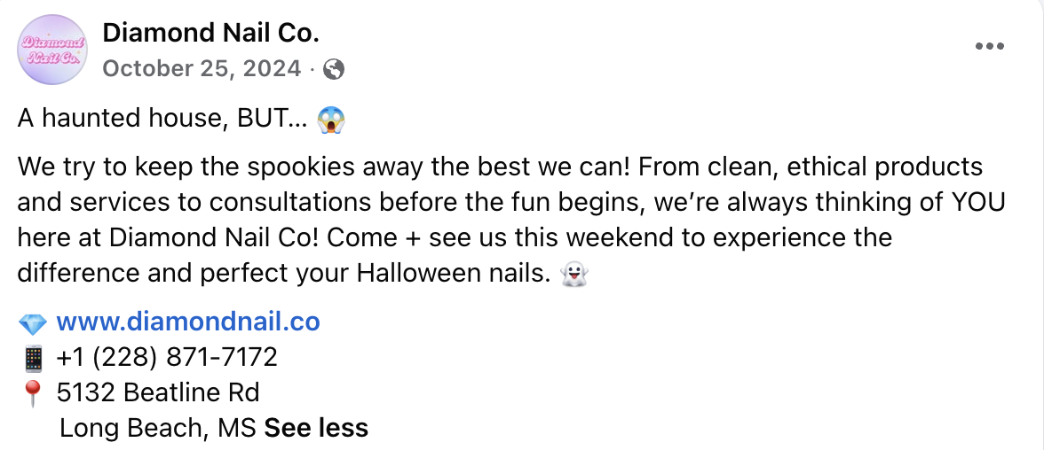 Facebook post promoting Halloween nail services at Diamond Nail Co., including contact info and address in Long Beach, MS.