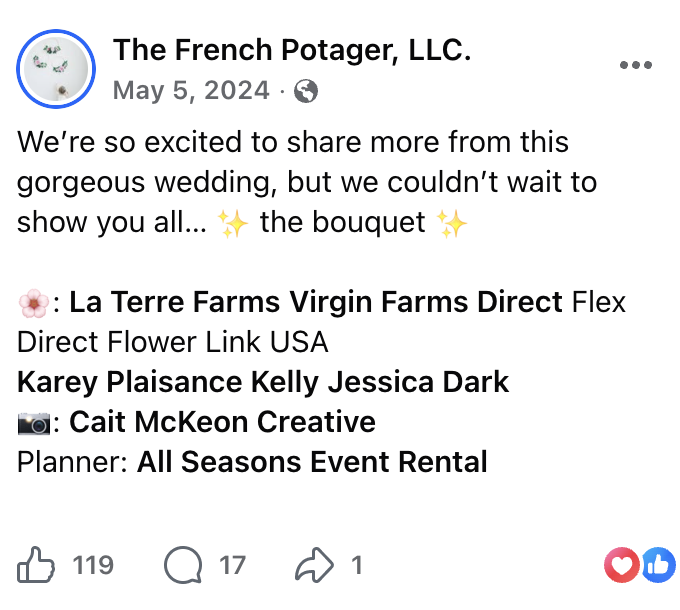 Text from a social media post about a wedding, mentioning flowers, a flower farm, and event planning.