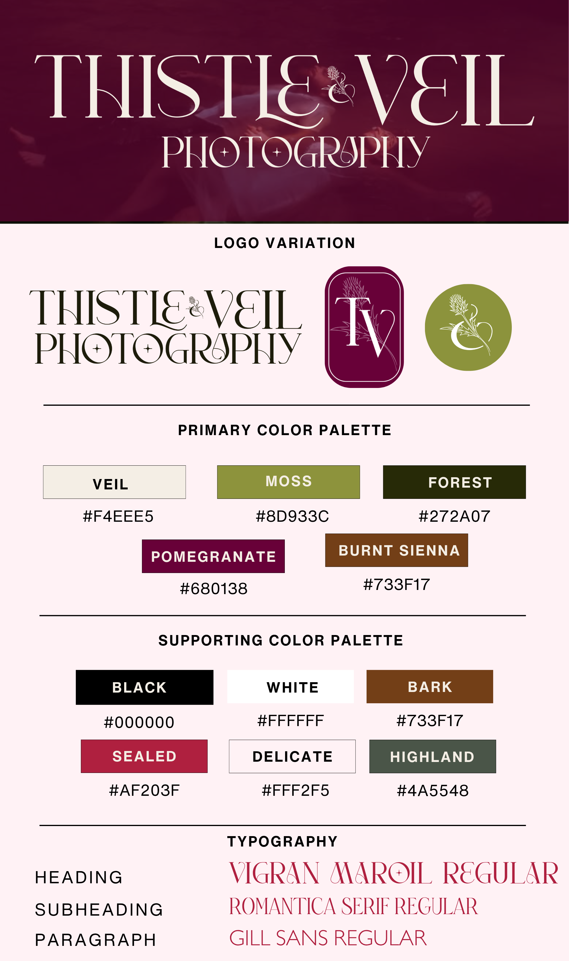 Design board for Thistle Veil Photography displaying logo variations, primary and supporting color palettes, and typography choices, including colors such as moss green, forest green, and pomegranate purple.